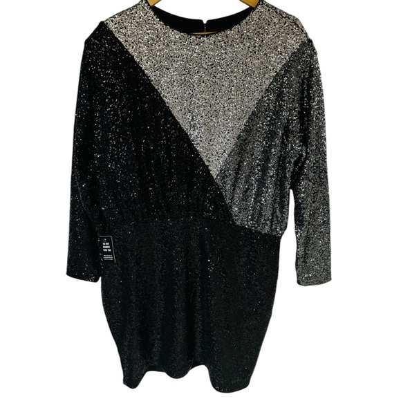 NWT EXPRESS Sequin Mini Dress Dolman Sleeves Strong Shoulder Colorblock Women’s - Picture 3 of 11